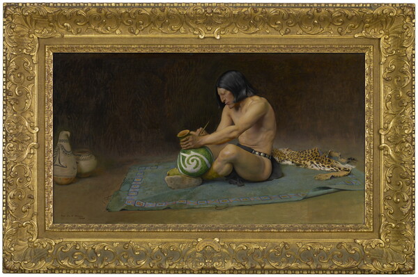 An oil painting of a Native American man sitting on a blanket painting a clay vase.