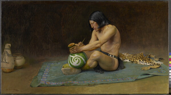 An oil painting of a Native American man sitting on a blanket painting a clay vase.