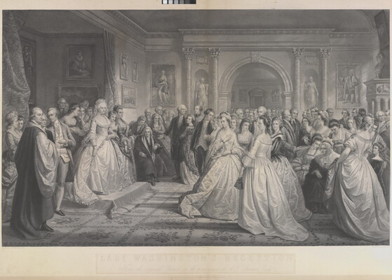 A black-and-white print of people in formal attire gathered in a large interior hall looking toward a woman standing on a dais.