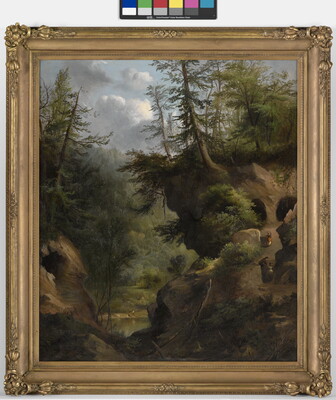 An oil painting of a lush forest and river valley with three people walking up a dirt path toward caves tucked into the side of the hills.