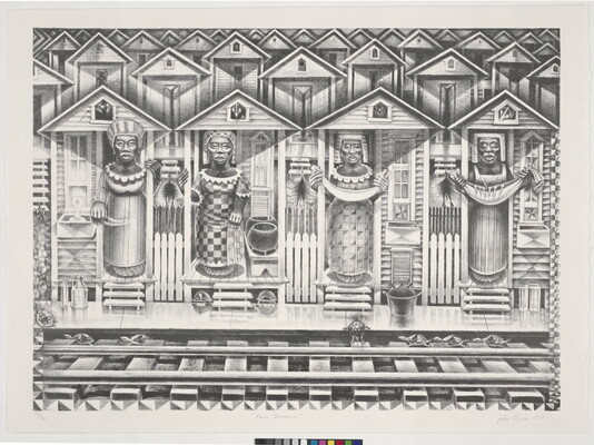 A stylized black-and-white print of four Black women, each standing in the doorway of a house, in front of railroad tracks.
