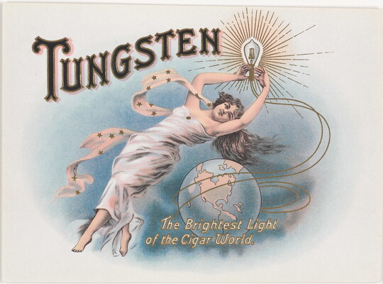 A color print of a White woman in a flowy white dress floating above a globe and holding a line drawing of a lightbulb.
