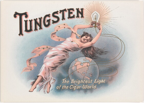 A color print of a White woman in a flowy white dress floating above a globe and holding a line drawing of a lightbulb.