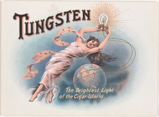A color print of a White woman in a flowy white dress floating above a globe and holding a line drawing of a lightbulb.