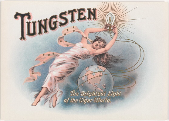 A color print of a White woman in a flowy white dress floating above a globe and holding a line drawing of a lightbulb.
