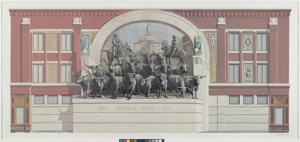 A color drawing of a building mural showing two men on horses directing a group of cattle in front of them.