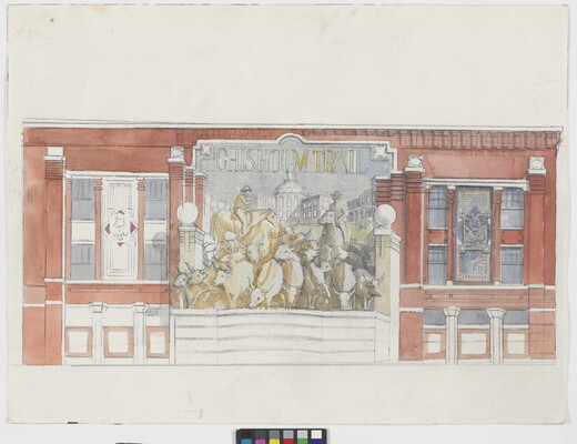 A watercolor of a building mural showing two men on horses directing a group of cattle in front of them.