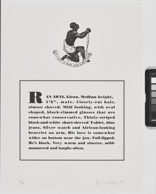 A black-and-white print of a historical graphic of an enslaved person placed above a paragraph that describes physical attributes and personality traits of the Black artist.