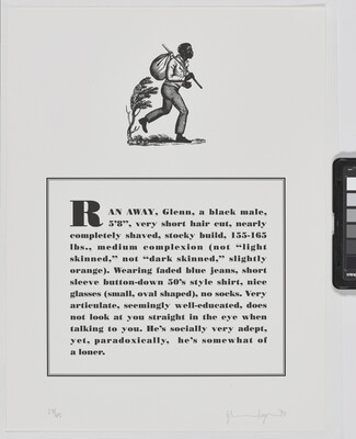 A black-and-white print of a historical graphic of an enslaved person placed above a paragraph that describes physical attributes and personality traits of the Black artist.
