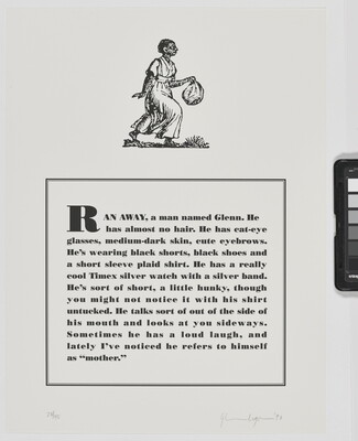 A black-and-white print of a historical graphic of an enslaved person placed above a paragraph that describes physical attributes and personality traits of the Black artist.