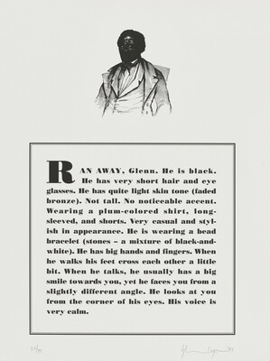 A black-and-white print of a historical graphic of an enslaved person placed above a paragraph that describes physical attributes and personality traits of the Black artist.