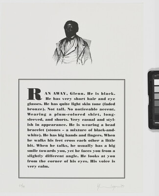 A black-and-white print of a historical graphic of an enslaved person placed above a paragraph that describes physical attributes and personality traits of the Black artist.