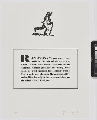 A black-and-white print of a historical graphic of an enslaved person placed above a paragraph that describes physical attributes and personality traits of the Black artist.