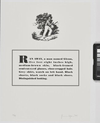 A black-and-white print of a historical graphic of an enslaved person placed above a paragraph that describes physical attributes and personality traits of the Black artist.
