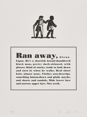 A black-and-white print of a historical graphic of an enslaved person placed above a paragraph that describes physical attributes and personality traits of the Black artist.