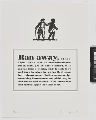 A black-and-white print of a historical graphic of an enslaved person placed above a paragraph that describes physical attributes and personality traits of the Black artist.