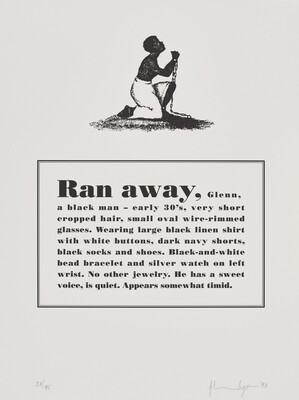 A black-and-white print of a historical graphic of an enslaved person placed above a paragraph that describes physical attributes and personality traits of the Black artist.