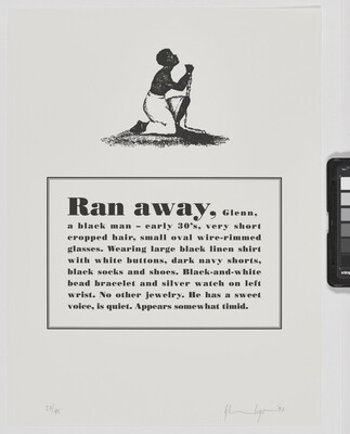 A black-and-white print of a historical graphic of an enslaved person placed above a paragraph that describes physical attributes and personality traits of the Black artist.