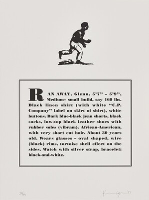 A black-and-white print of a historical graphic of an enslaved person placed above a paragraph that describes physical attributes and personality traits of the Black artist.
