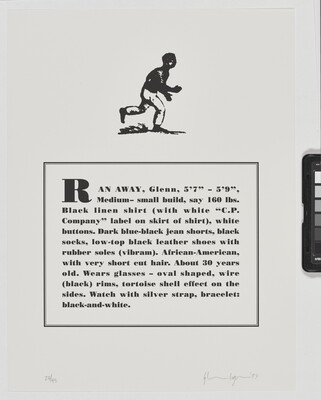 A black-and-white print of a historical graphic of an enslaved person placed above a paragraph that describes physical attributes and personality traits of the Black artist.