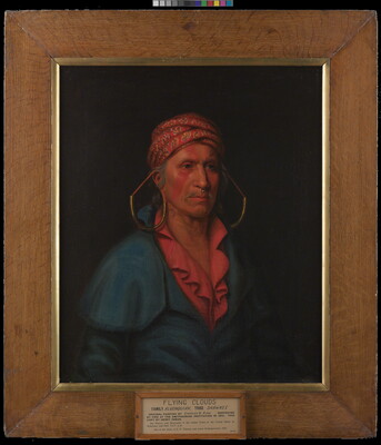 A portrait painting of a Native American man from the waist up wearing a colorful turban, large earrings, a bright red shirt and blue jacket.