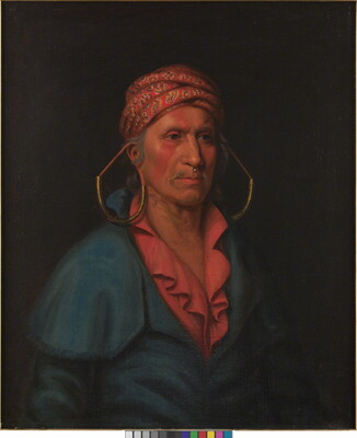 A portrait painting of a Native American man from the waist up wearing a colorful turban, large earrings, a bright red shirt and blue jacket.