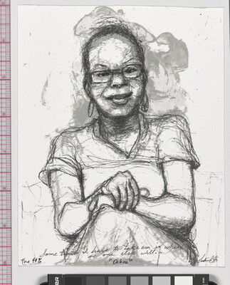 A black-and-white sketch of a seated Black woman wearing glasses with her hands folded on her lap.
