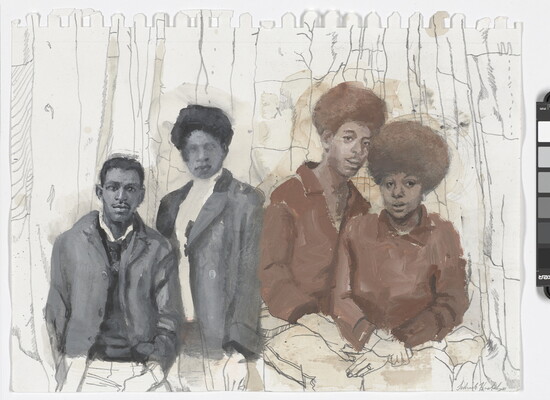 A graphite and watercolor portrait of two Black couples: the couple at left wears black jackets and shirts, and the couple at right wears brown tunics and afro hairstyles.