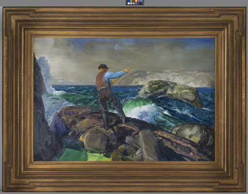 An oil painting of a man standing on rocks while fishing in a treacherous sea.