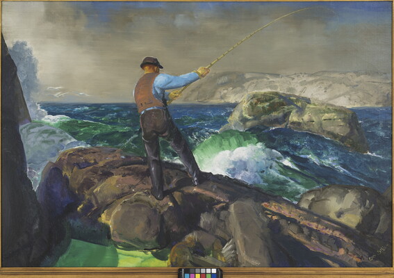 An oil painting of a man standing on rocks while fishing in a treacherous sea.