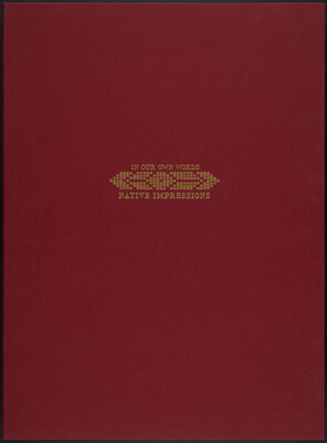 A red cloth box with the words, "In our own words, Native Impressions" stamped in gold letters.