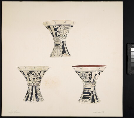 A detailed watercolor painting of three hourglass-shaped vessels covered in Aztec designs.