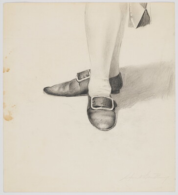 A pencil drawing of a close-up of historical footwear modelled by a person.