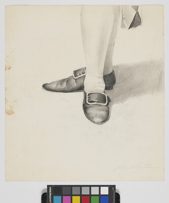 A pencil drawing of a close-up of historical footwear modelled by a person.