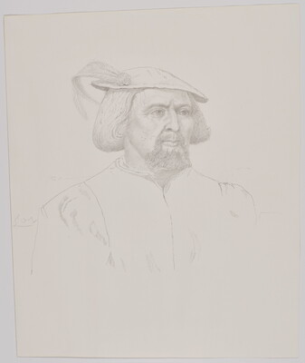 A pencil drawing of a White man with a goatee wearing a cap with a feathered plume and a jacket with a high collar and puffy sleeves.