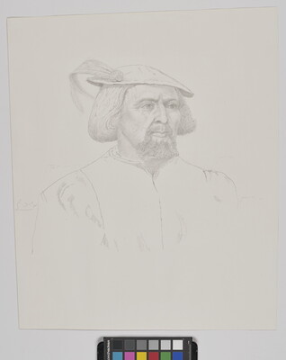 A pencil drawing of a White man with a goatee wearing a cap with a feathered plume and a jacket with a high collar and puffy sleeves.