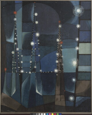 An abstract oil painting of oil rigs at night, composed of geometric shapes in shades of blue, green, and brown.