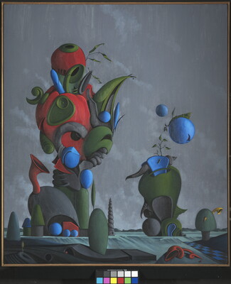 An abstract oil painting of colored, bulbous shapes resembling plants and trees against a gray background.
