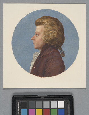A circular watercolor portrait of a White man in profile with a thick blond wig and pigtail, wearing an 18th century coat and ruffled white shirt.