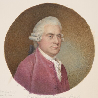 A circular watercolor portrait of a White man in a white wig with side curls wearing a red 18th-century-style coat and ruffled white shirt.