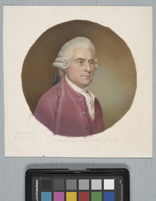 A circular watercolor portrait of a White man in a white wig with side curls wearing a red 18th-century-style coat and ruffled white shirt.