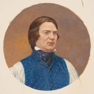 A circular watercolor portrait of a brown-haired White man with blue eyes, wearing a blue vest over a white shirt, and ascot.