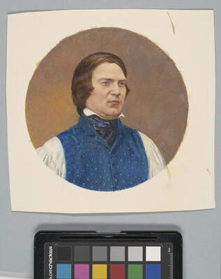 A circular watercolor portrait of a brown-haired White man with blue eyes, wearing a blue vest over a white shirt, and ascot.