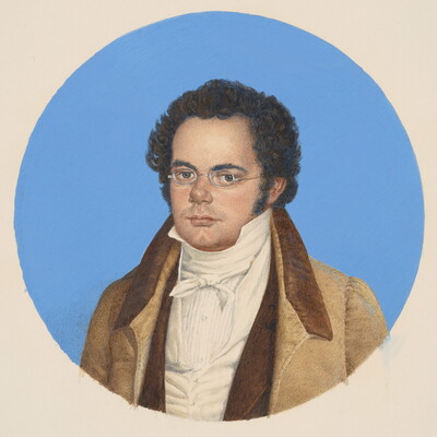 A circular watercolor portrait of a White man with dark, curly hair, a round face, wire-rimmed glasses, wearing a tan jacket over a white vest and a high-collared shirt.