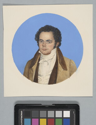 A circular watercolor portrait of a White man with dark, curly hair, a round face, wire-rimmed glasses, wearing a tan jacket over a white vest and a high-collared shirt.