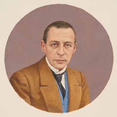 A circular watercolor portrait of a White man with close-cropped hair, blue eyes in a long face wearing a tan sport jacket over a blue vest and tie.