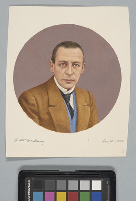 A circular watercolor portrait of a White man with close-cropped hair, blue eyes in a long face wearing a tan sport jacket over a blue vest and tie.