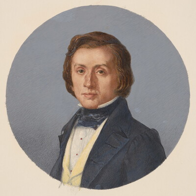 A circular watercolor portrait of a White man with brown hair and a prominent nose, wearing a blue jacket over a yellow vest, white shirt and blue ascot.