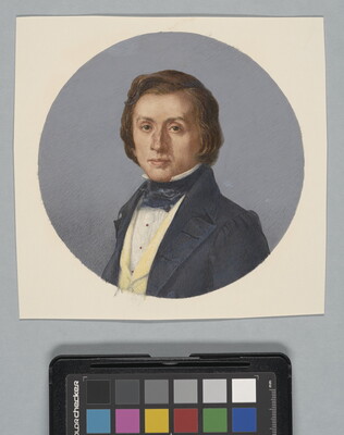 A circular watercolor portrait of a White man with brown hair and a prominent nose, wearing a blue jacket over a yellow vest, white shirt and blue ascot.