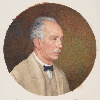 A circular watercolor portrait of a White man in profile with receding gray hair, a mustache, wearing a tan sport coat, vest, and bow tie.